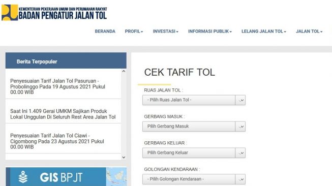 Cek tarif e-Toll di BPJT [screenshot BPJT Mudikgratis.co.id].