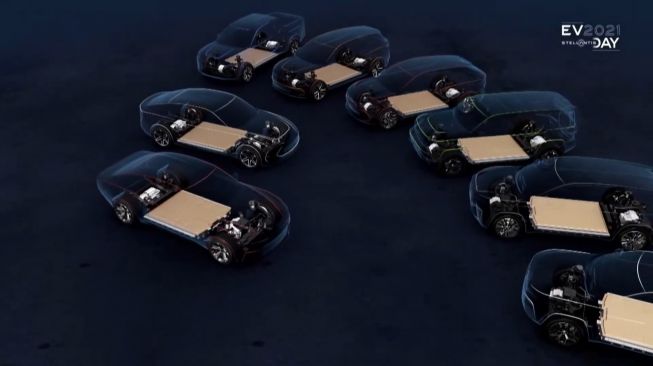 Ada delapan model mobil listrik Stellantis akan dibangun dengan platform STLA baru. Warna cokelat menunjukkan posisi baterai listrik [EV Day Stellantis via WapCar].