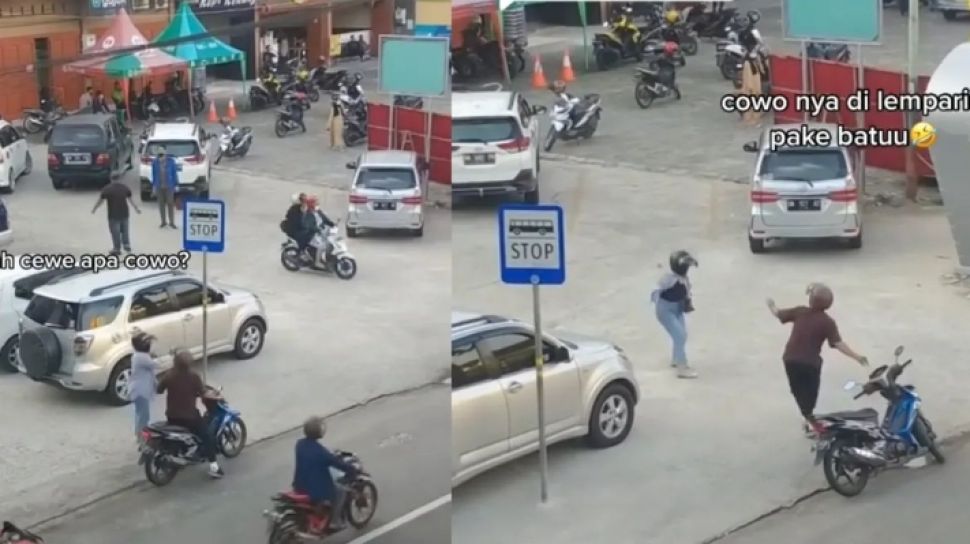 Cekcok Sepasang Kekasih di Pinggir Jalan Jadi Tontonan Publik, Cewek Turun dari Motor dan Lempar Batu ke Arah Cowok